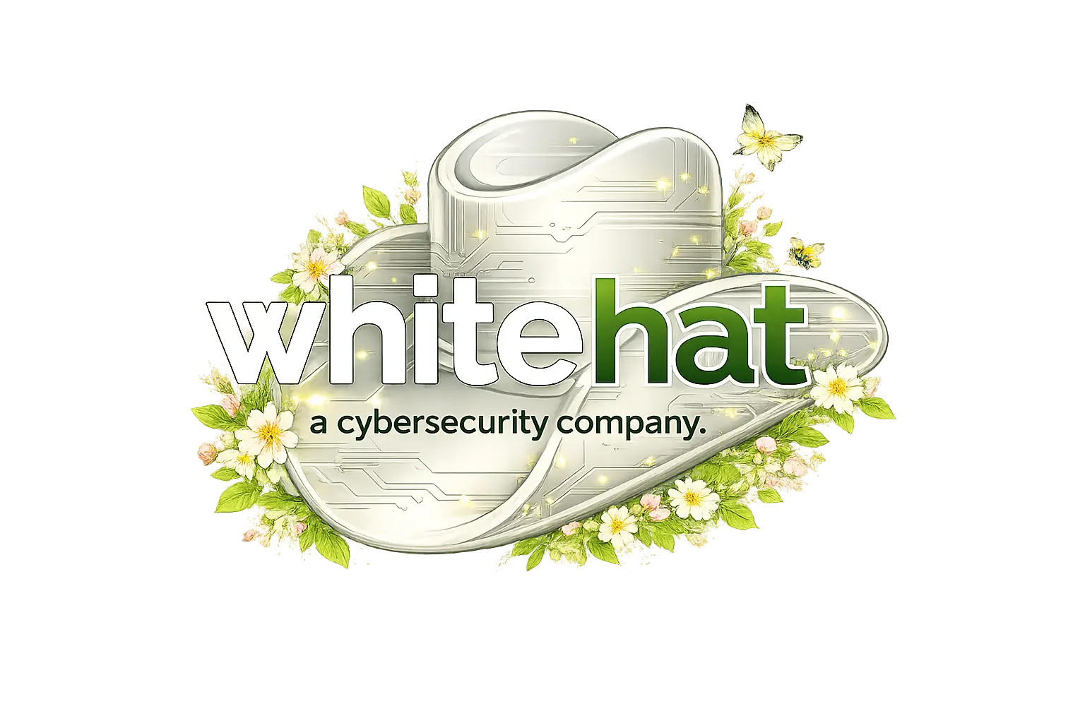 WhiteHat cybersecurity company logo with green 'hat' text and floral, metallic background centerpiece.