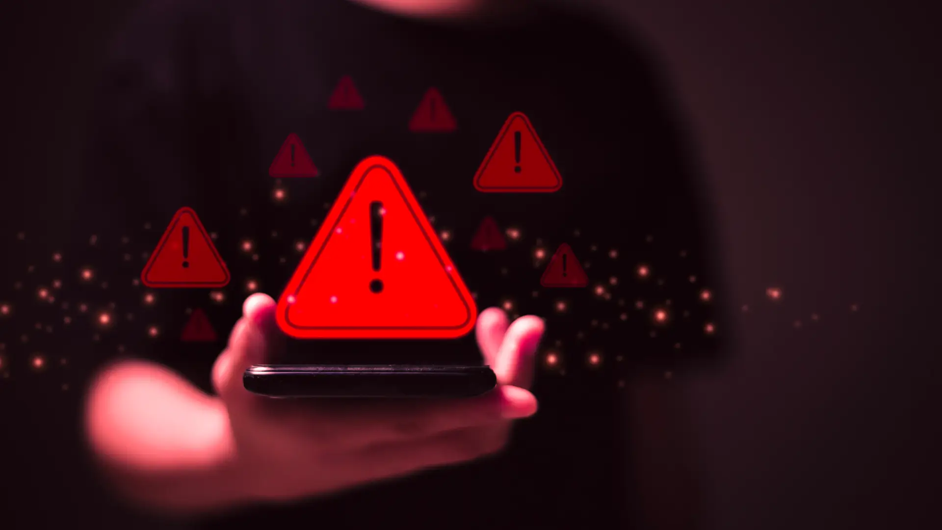 System warning caution sign on smartphone, scam virus attack on firewall for notification error and maintenance. Network security vulnerability, data breach, illegal connection and information danger.
