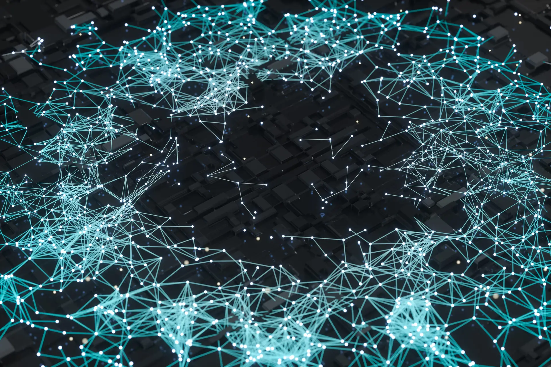 Circuit board with glowing cube and lines, 3d rendering. Computer digital drawing.