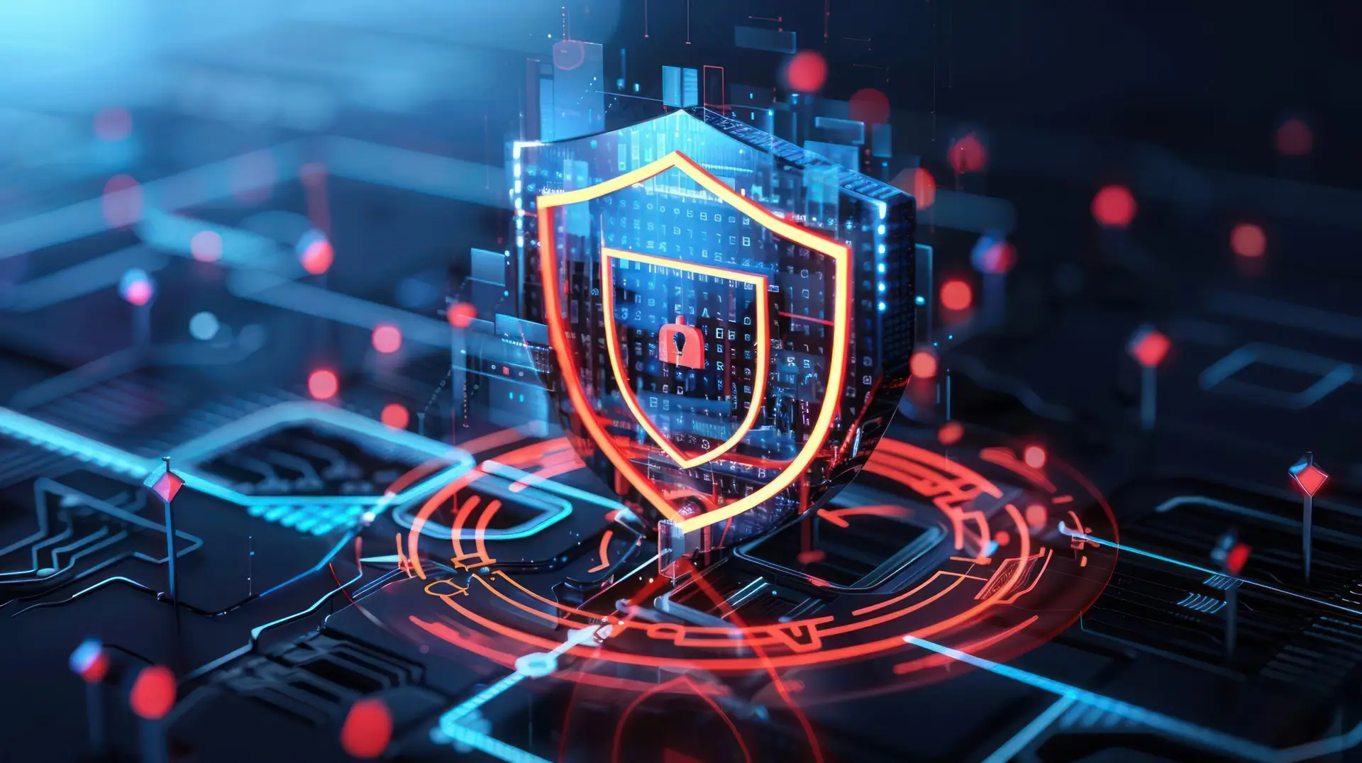 Futuristic digital shield symbolizing cybersecurity protection in a high-tech urban environment