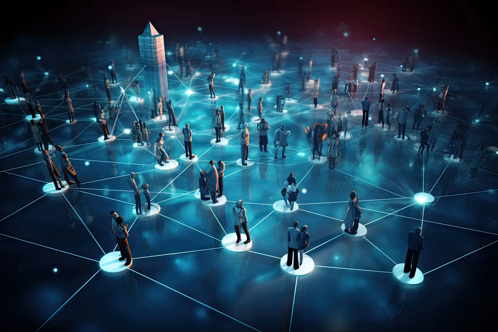 Group of business people standing on social network concept. 3D rendering, Network community, Teamwork, and Social network Concept illeastration, AI Generated