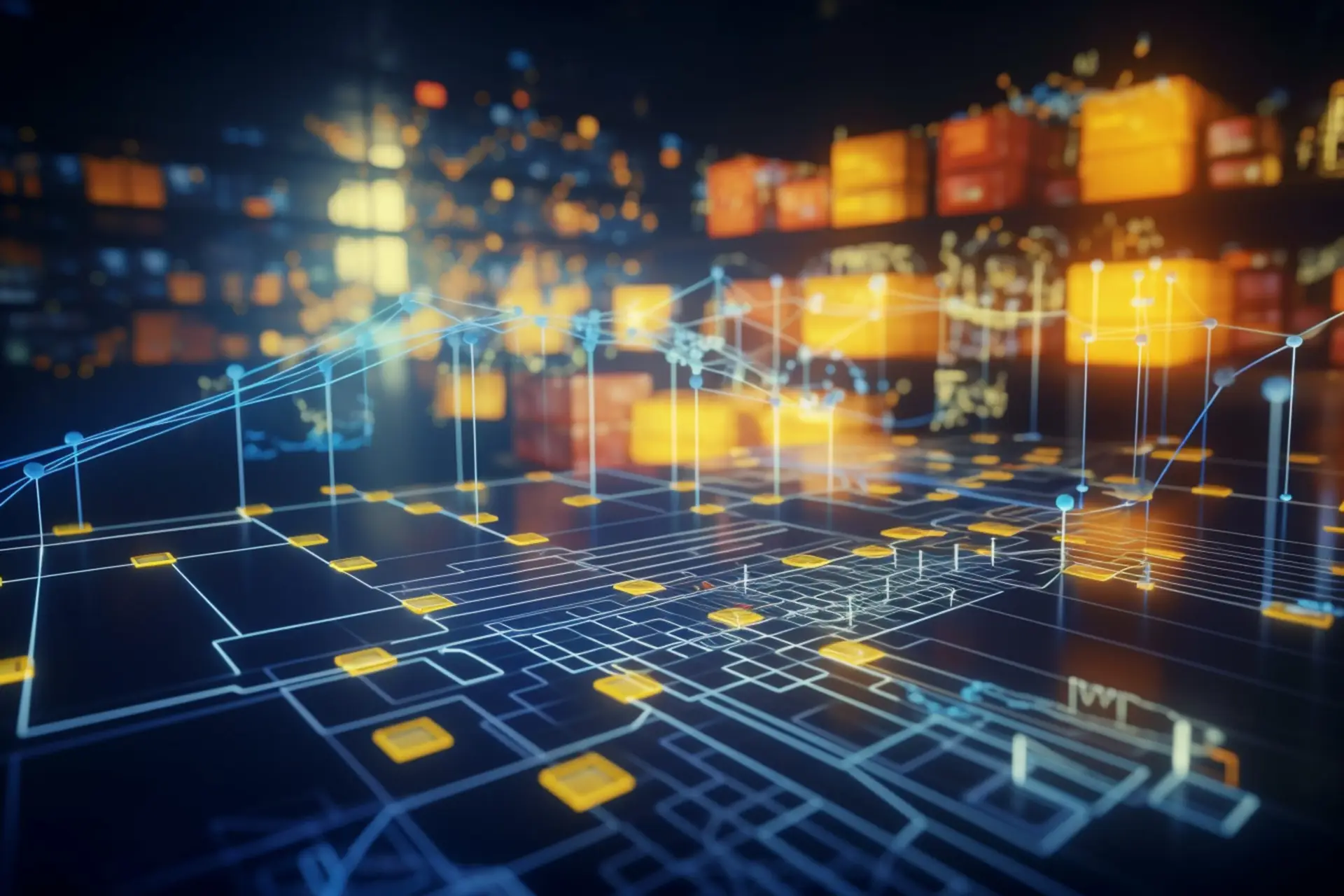 A conceptual illustration of an AI-powered supply chain management system, showing smart logistics and warehouse automation.