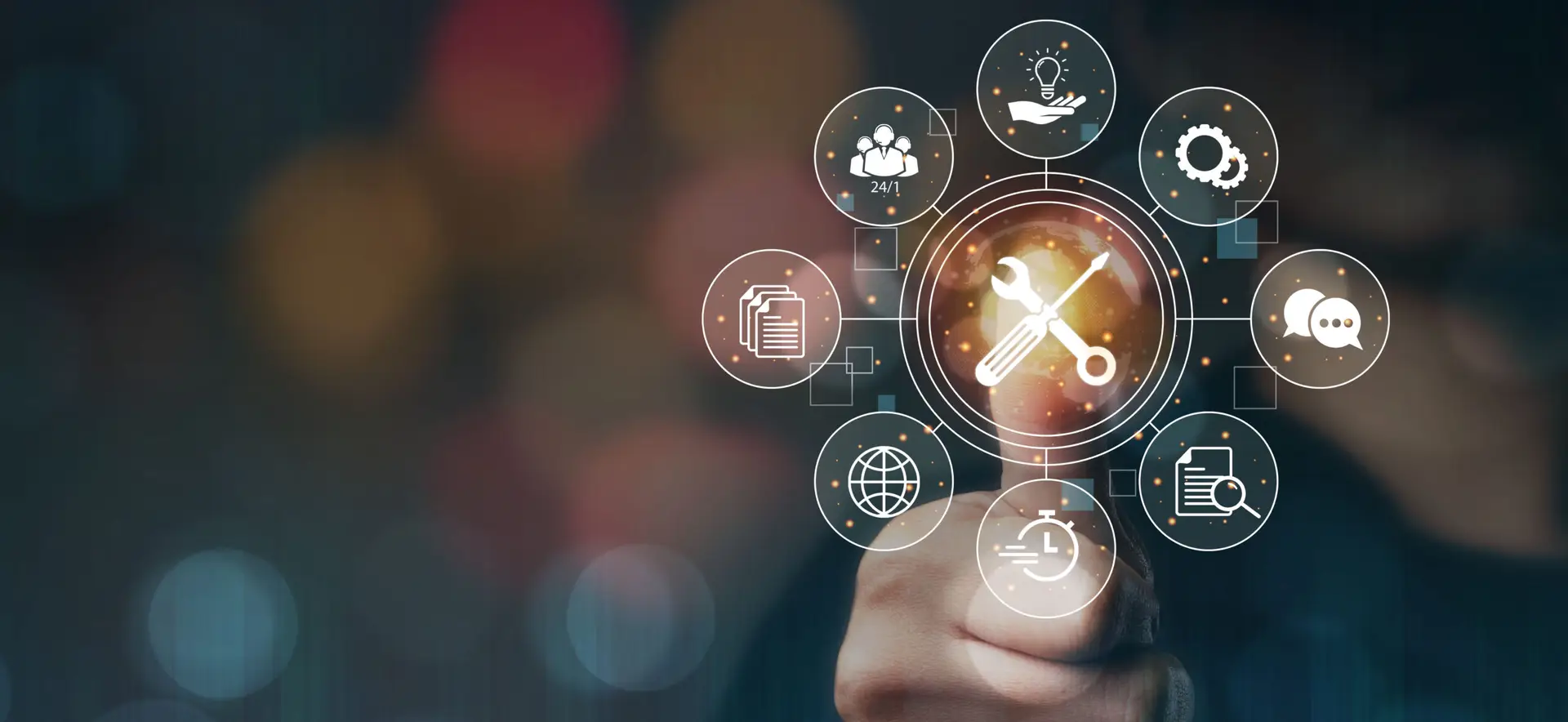 Touching the hand of a business woman's thumb available, support, customer support, call center, business technology button on bokeh background virtual screen concept